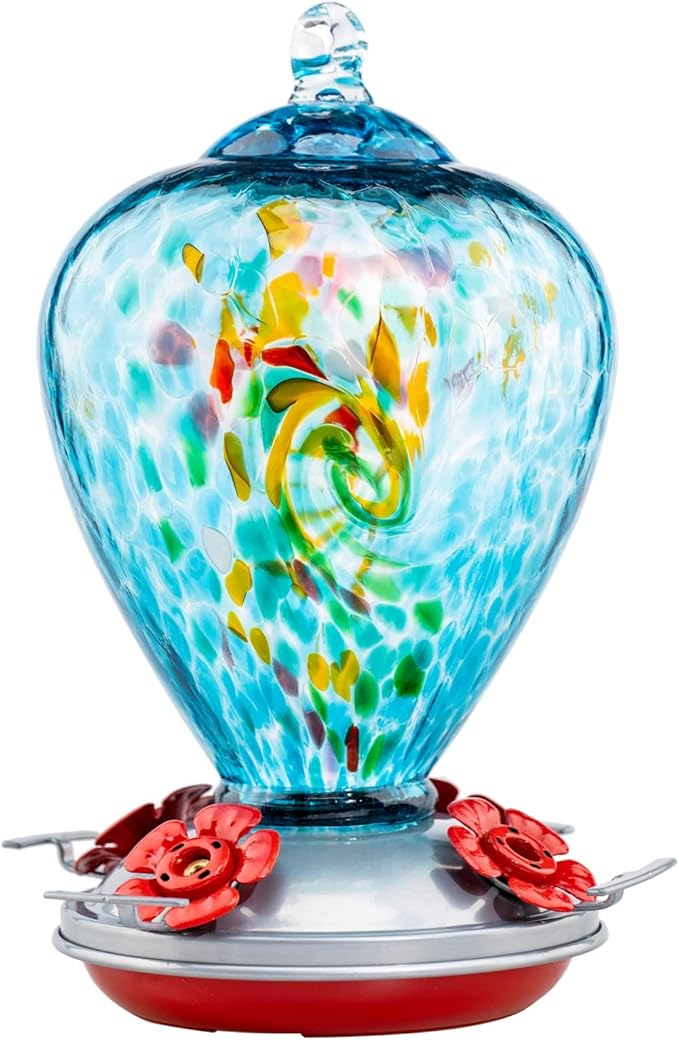 Muse Garden Hummingbird Feeders for Outdoors Hanging, Blown Glass Hummingbird Feeder Unique Gifts for Women, Containing Ant Moat, Garden Decor, 34 Ounces, Blue Chatoyant