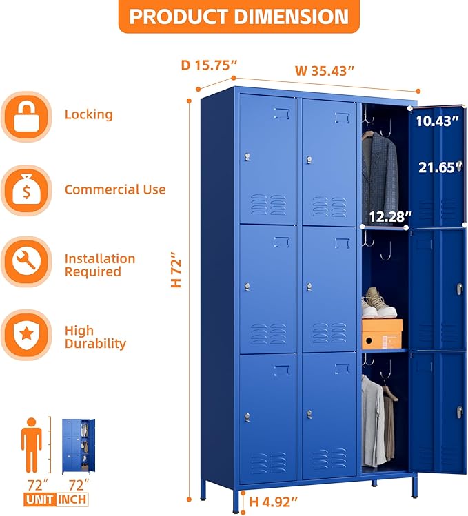 9 Doors Metal Lockers for Employees with 27 Hooks, Storage Locker with Business Card Holder for Office Gym School Bedroom, Assembly Required, Blue