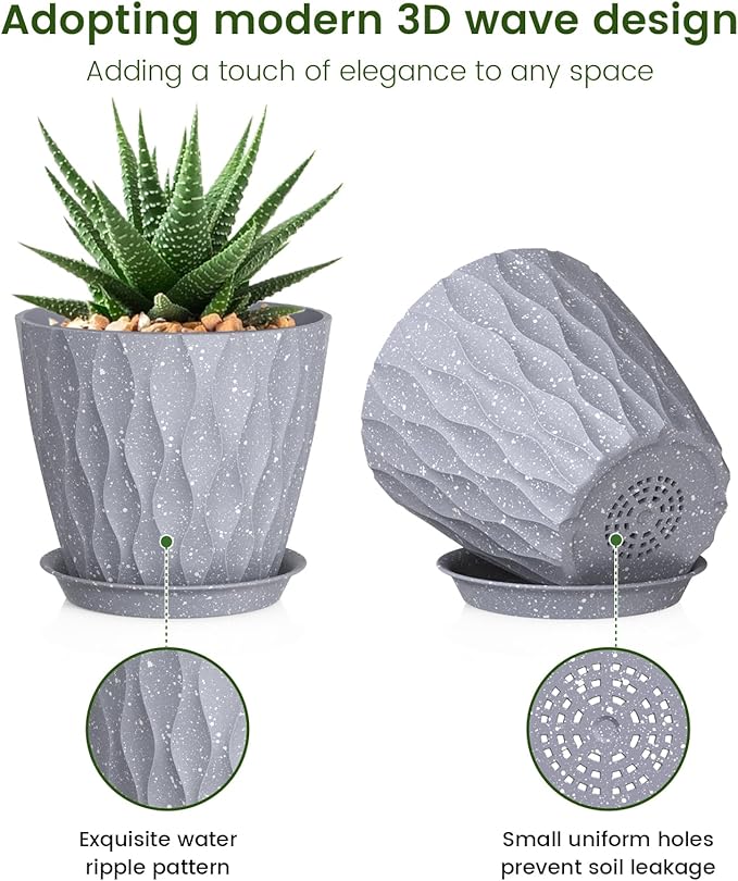5 inch Plant Pots for Indoor Outdoor Plants, 6 Pack Thick Flower Pots with Drainage Holes and Saucers, 3D Modern Wave Texture Small Plastic Planters Nursery Pots, Speckled Grey