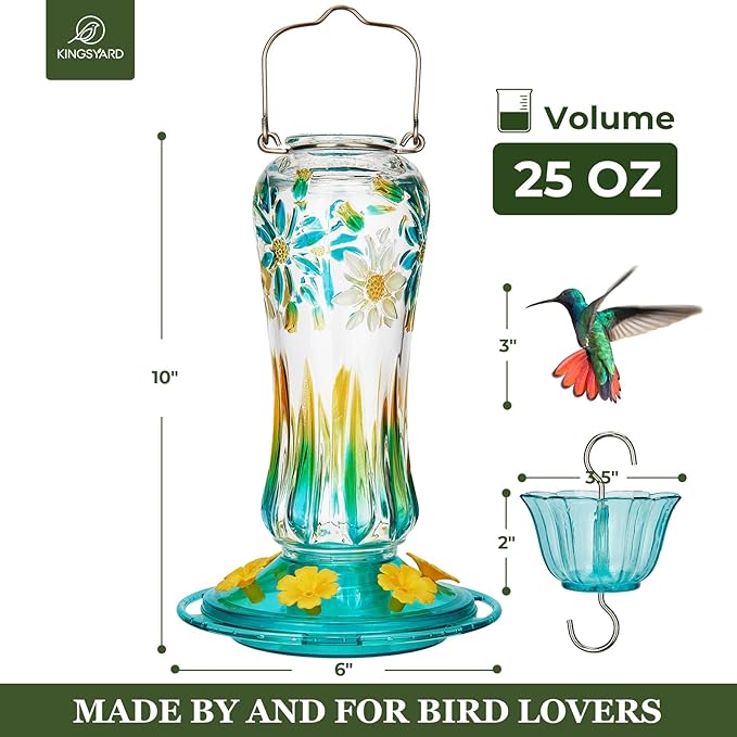 Kingsyard Hummingbird Feeder for Outdoors Hanging, 25 Ounces, Glass Humming Bird Nectar Feeder with Ant Moat & 6 Feeding Ports, Leak Proof, Turquoise