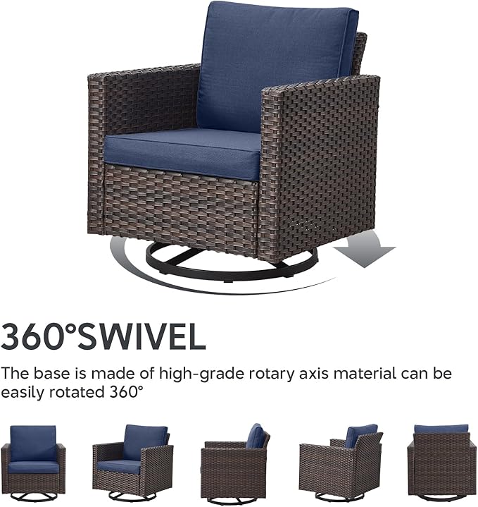 9 Piece Wicker Patio Furniture Set - Outdoor Swivel Rocker Chairs Set with Coffee Table, Rattan Chairs, 3 Seat Sofa & Ottomans, Patio Conversation Sets for Bcakyard Deck - Brown/Blue