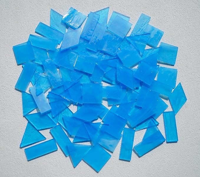 70pcs Transparent Glass Mosaic Tiles, 200g Large Size Stained Glass Pieces for DIY Mosaic Craft Supplies, 4 Shapes Mosaic Glass Tiles for Mosiac Present, Light Blue