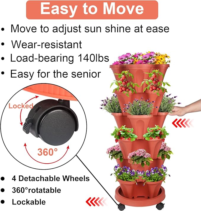 DUNCHATY Stackable Planters 6 Tier Vertical Garden Planting Tower Planters Strawberry, Herb, Flower, and Vegetable Planter Indoor Outdoor Gardening Pots with Removable Wheels and Tools, 2 Bundle