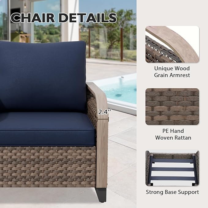 EAGLE PEAK Modern Wicker Outdoor Chair, Patio Chair Curved Armrest, Rattan Patio Furniture for Yard Deck Porch Garden, 2 Chairs 2 Ottomans, 4 Pieces, Brown/Blue