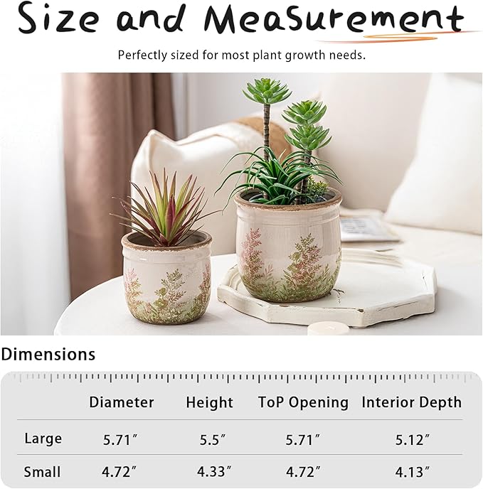 Vintage Pink and Green Ceramic Planter Set of 2, 4.7+5.7 Inch Rustic Flower Pots for Indoor Plants, Decorative Ceramic Plant Pots for Home, Living Room, Garden, Gardening Gift