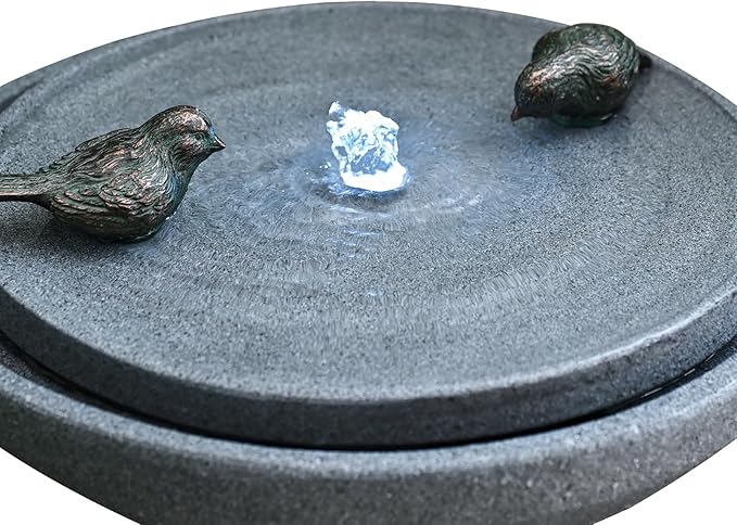 30.7" Outdoor Garden Floor-Standing Water Fountain with LED Light and Pump, Two Birds Embossed Pattern Pedestal Ceramic Watefall for Patio, Backyard, Deck, Porch and Home Art Decor