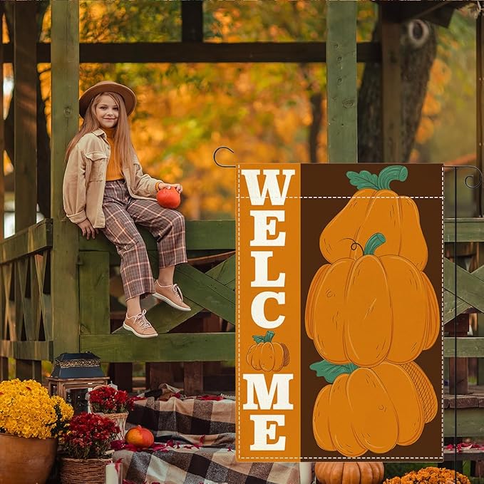 Welcome Fall Garden Flag Autumn Pumpkin Garden Flag 12x18 Inch Double Sided Fall Thanksgiving Holiday Decorations for Yard Home Porch Patio (Flay 1812)