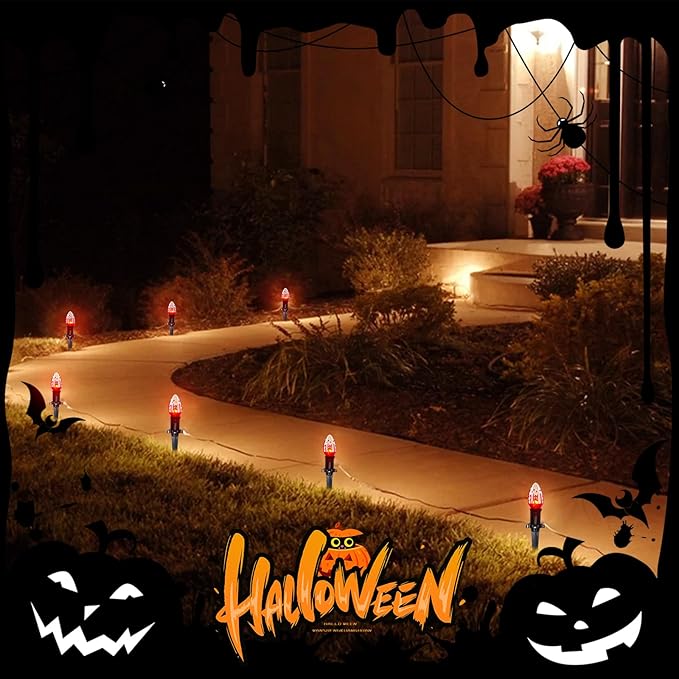 38Ft Outdoor Halloween Decorations Pathway Lights, C9 Flickering Flame Pathway String Lights with 25 Stakes Lights, Plug in Halloween Walkway Light Waterproof for Lawn Yard Sidewalk Garden