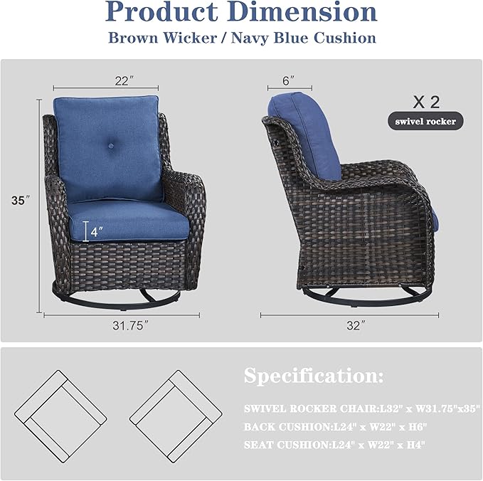 Outdoor Swivel Rcoker Patio Chairs - Outdoor Swivel Patio Chairs Set of 2 Wicker Chair Patio Furniture Sets with Covered Cushion for Porch Deck Balcony Garden, Blue