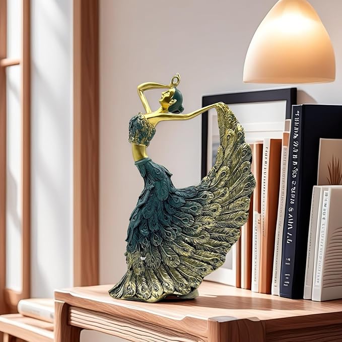 XINDAM Elegant Peacock Art Figurine Dancer Statue Decorative Home & Office Figurines Home Office Display Craft Living Room Decor Ornaments for Tabletop