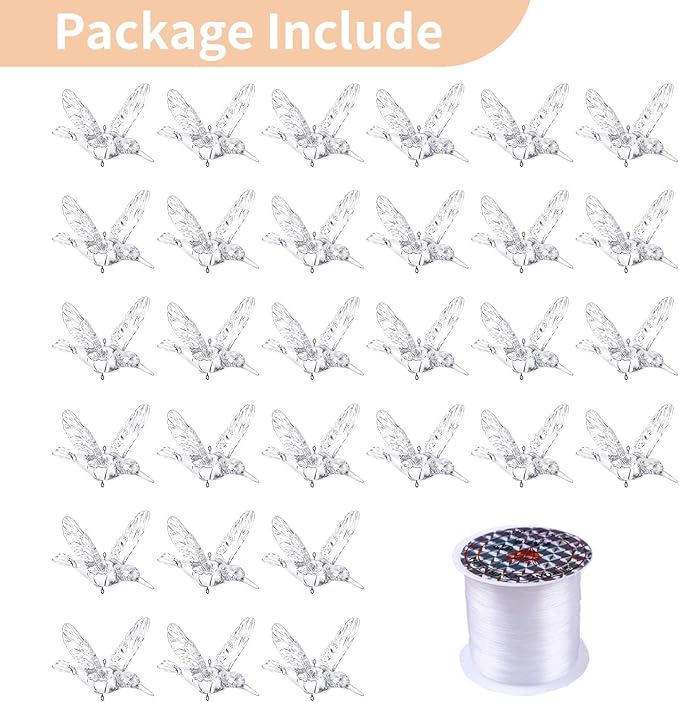 NUPTIO Crystal Ceiling Hanging Ornaments: 30 Pcs Acrylic Flying Birds for Wedding Party Window Garden Bedroom Outdoor Birthday - Christmas Tree Decorations with Transparent Line