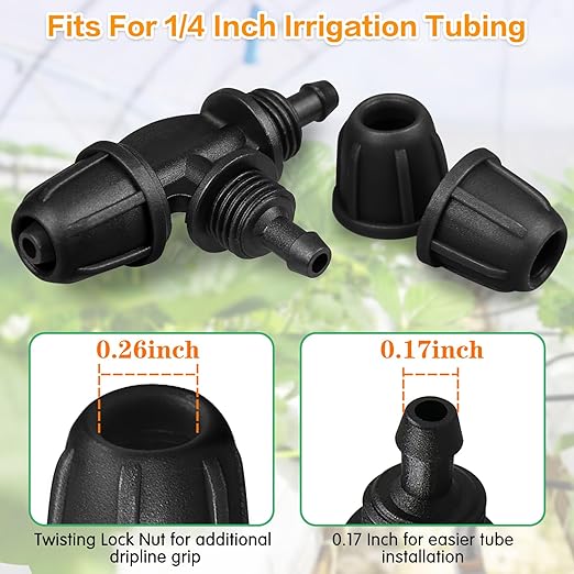 Upgraded 1/4" Drip Irrigation Fittings：60 Pieces Set-15 Couplings 15 Tees 5 Crosses 10 Elbows 10 End Plugs 5 Micro Dripper, Leak Free Barbed Locked Connectors for 1/4 Inch Irrigation Tubing