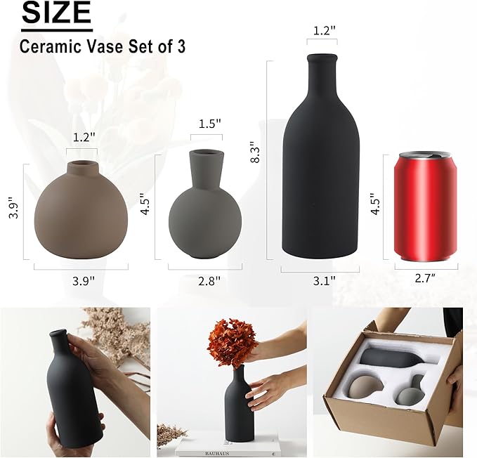 Ceramic Vase Set of 3, Vases Home Decor Rustic Farmhouse Decor Pottery Vases for Bouquet Pampas Grass Dried Fresh Flowers, Living Room, Kitchen, Bedroom, Bathroom, Entryway Mantel, Decor -Multicolor