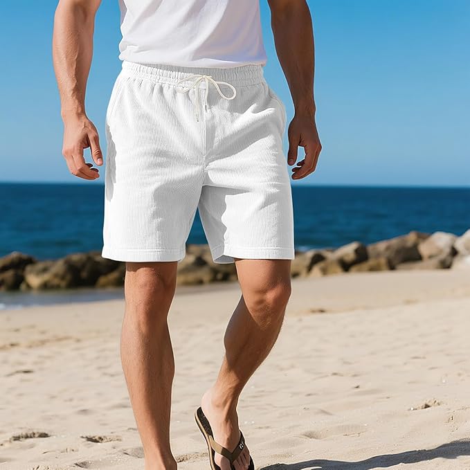 Mens Cargo Shorts Casual Drawstring Elastic Waist Corduroy Summer Beach Shorts with Pockets