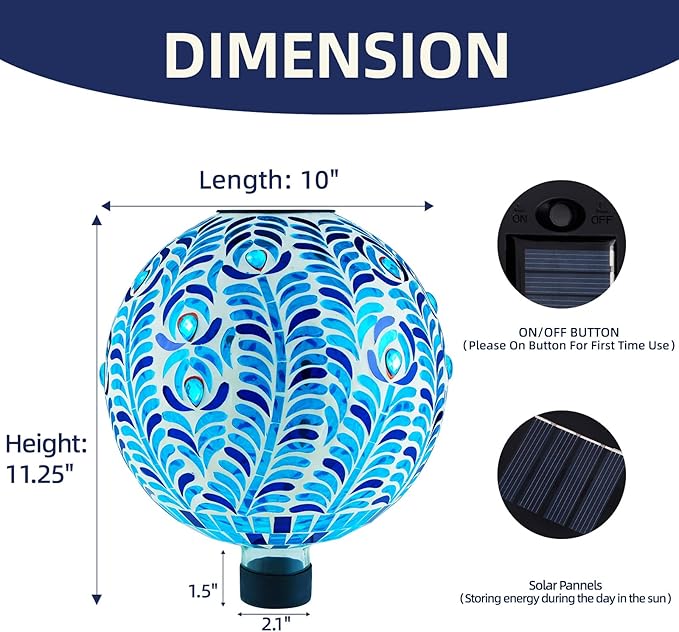 VOREEN Solar Gazing Ball, Mosaic Glass Gazing Globe with Solar Light, Waterproof Outdoor Yard Decoration Sphere for Homes, Patio, Lawn and Gardens, 10", Blue