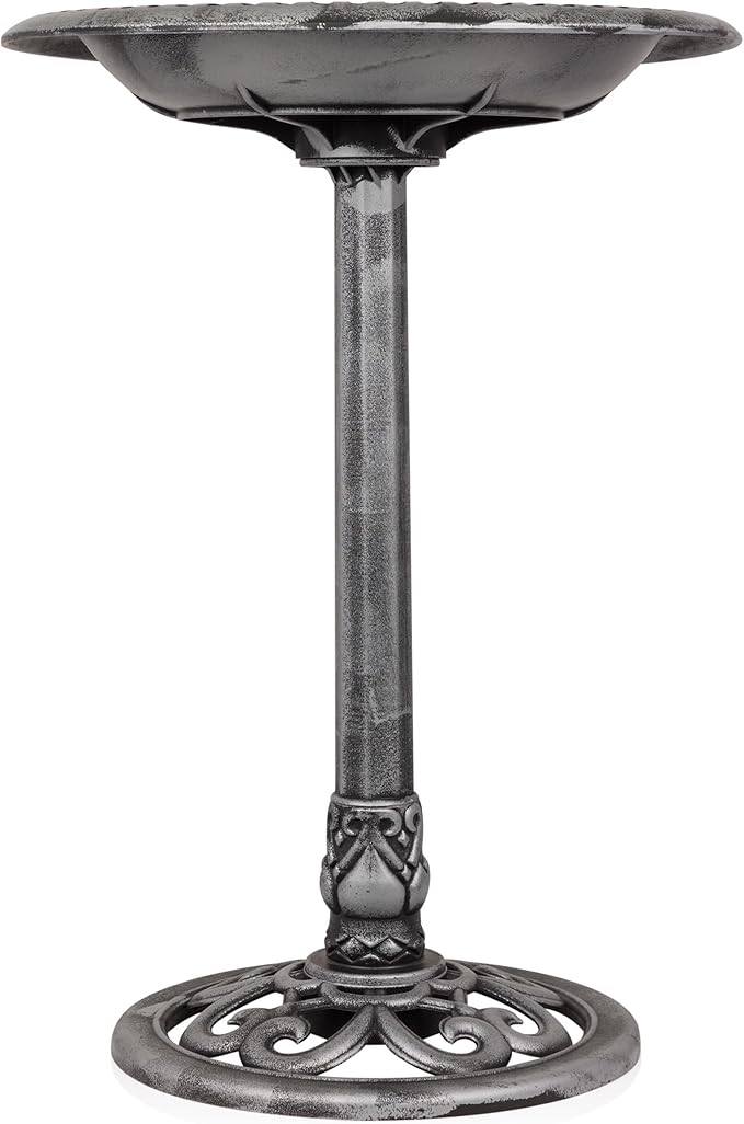 Alpine Corporation TEC116GR Outdoor Pedestal Birdbath w/Scrollwork Base and Stakes, Elegant Birdbath for Garden, 28" H, Gray