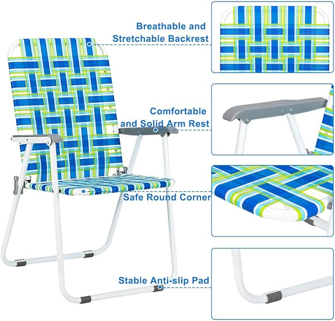 VINGLI Patio Lawn Webbed Folding Chairs Set of 2, Outdoor Beach Portable Lawn Chair Camping Chair Beach Chair for Yard, Garden Dining (Blue, Classic)