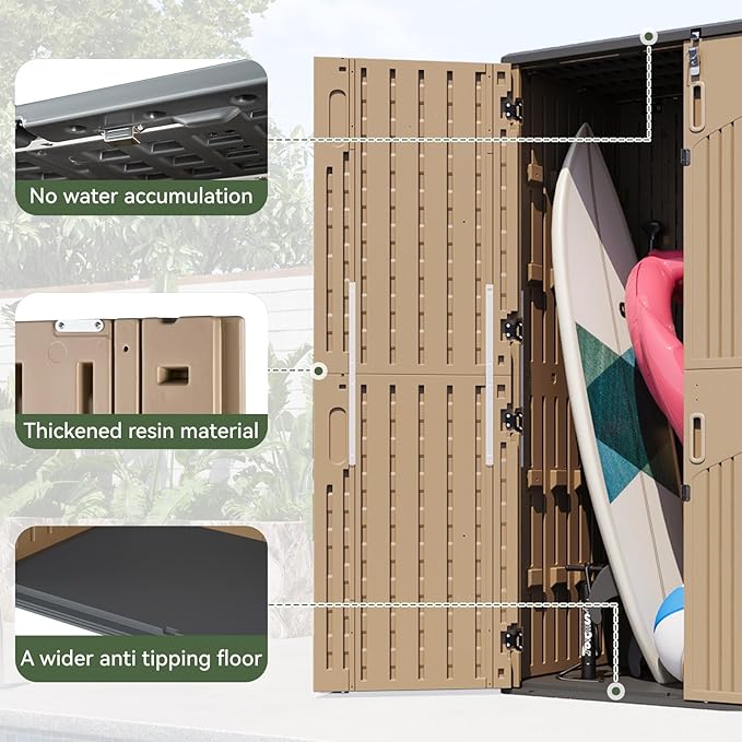 Aoxun Outdoor Storage Shed with 2 Shelves & Floor, 64 Cu.Ft Large Outdoor Storage Cabinet, Waterproof Vertical Resin Shed for Garden Tools, Pool Equipment, Brown