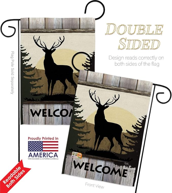 Welcome Deer Garden House Flags Set Animals Wildlife Outdoor Bear Wolf Pet Nature Farm Animal Creature Small Decorative Gift Yard Banner Double-Sided Made In USA 28 X 40