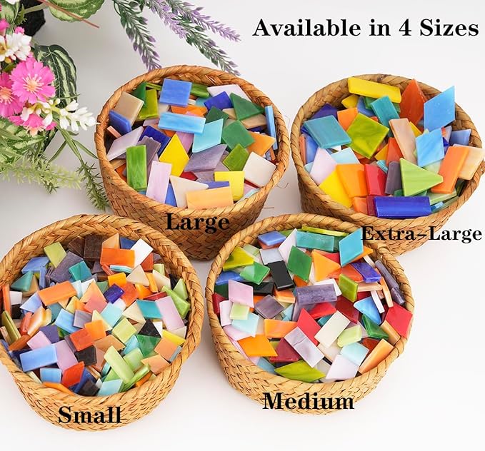 Lanyani Medium Size Glass Mosaic Tiles Pieces 1.3 Pounds Bulk, 400pcs Mixed Vibrant Color Stained Glass Pieces Tile for DIY Crafts Mosaic Making, Pre-Cut Tiles in 4 Shapes