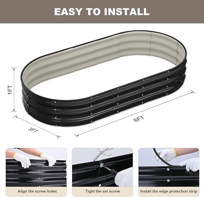 Raised Garden Bed, 6x3x1ft Galvanized Outdoor Planter Beds with Safety Edging and Gloves, Oval Metal Planter Box for Gardening Vegetables Flowers Herb