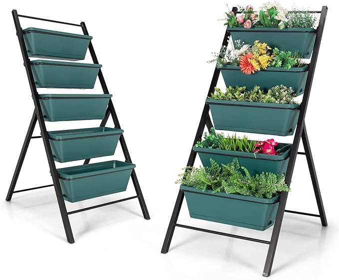 Giantex Set of 2 Vertical Planter Raised Bed, Elevated Garden Beds with Water Drainage Hole, Freestanding 5 Container Boxes for Herb Vegetables Flowers Growing, Outdoor Indoor Patio Balcony