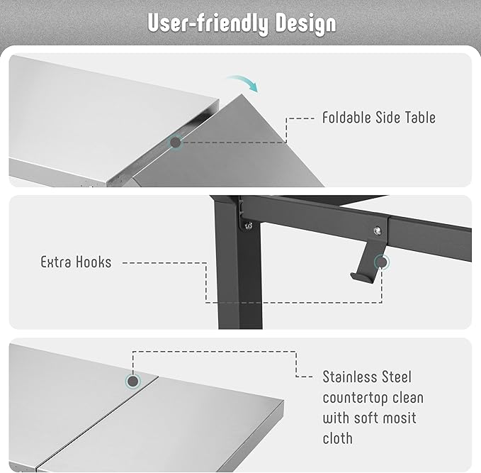 Outdoor Grill Table, 40’’x20’’ Movable Pizza Oven Table with Wheels, Stainless Steel Countertop Grill Cart with Storage Shelf & Foldable Extension, 6 Extra Hooks,for BBQ Food Prep