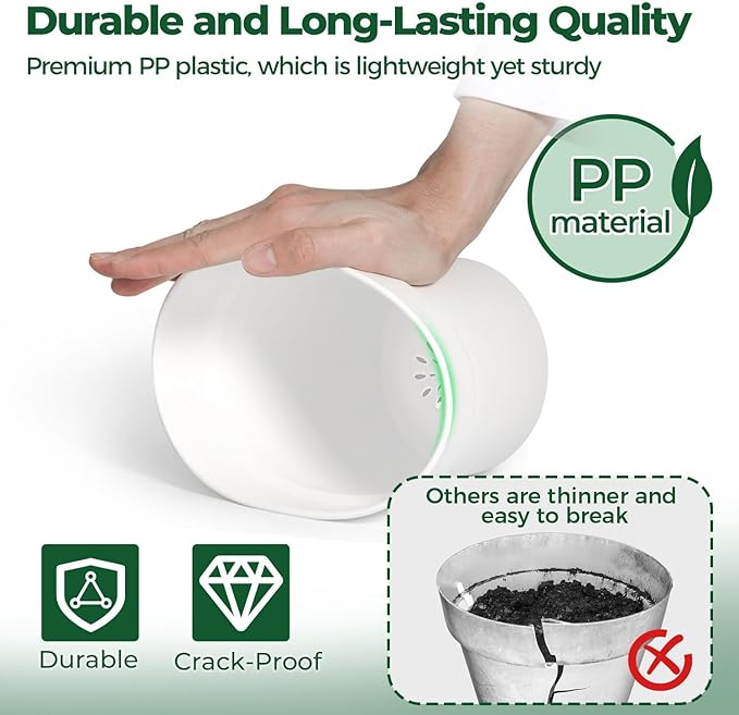 T4U 6 Inch Plant Pot 8-Pack, Plastic Planter with Drainage Hole and Saucer, Decorative Nursery Pots Bulk for African Violet, Snake Plant, Succulent, Herb and Plants Indoor (8 Pcs 6" Pots, White)