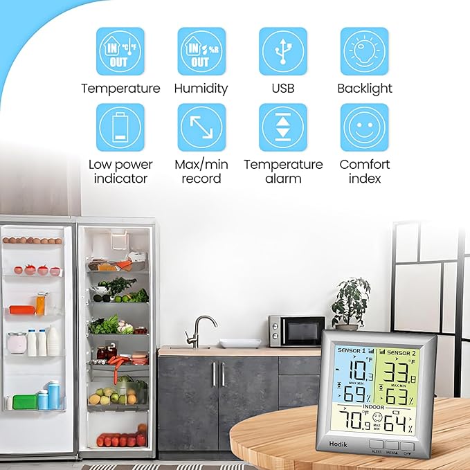 Wireless Freezer Thermometer with Alarm Refrigerator Thermometer, Fridge Freezer Alarm Thermometer Digital with 3 Adjustable Backlight and 330FT Remote Range for Kitchen Home Restaurant (Silver)