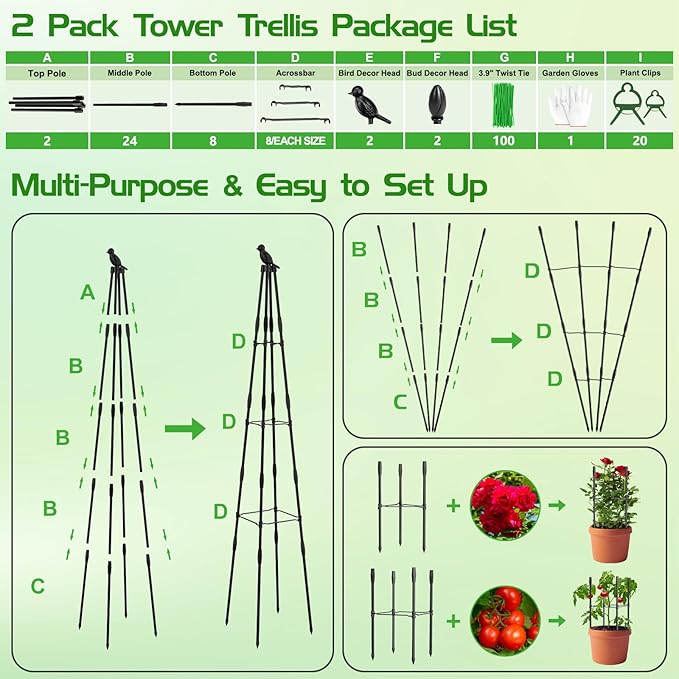 2 Pack Garden Trellis for Climbing Plants Outdoor, 79"/6.6ft Tall Rustproof Tomato Trellis, PE Coated Metal Plant Trellis Indoor, Tower Trellis for Potted Plants Flowers Vines Vegetables