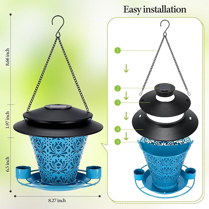 Solar Bird Feeders for Outside Hanging Metal Wild Bird Feeder Solar Lanterns Outdoor Waterproof Garden Decor for Yard Blue