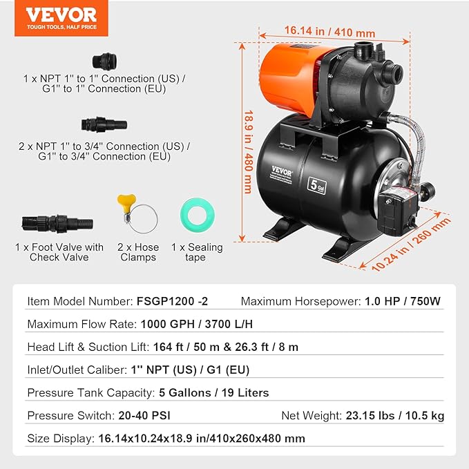 VEVOR 1 HP Shallow Well Pump with Pressure Tank, 1000 GPH/3700 L/H, Automatic Irrigation Water Booster Pump with 164 ft Lift 20/40 PSI Pressure Switch, Thermoplastic Pump Head for Home Garden Lawn