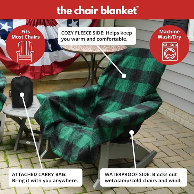 CITYBONFIRES The Chair Blanket – Reversible, Waterproof & Sherpa-Lined - Stretchable Elastic Back - Original Patio Chair Cover – Ideal for Homes and Outdoor Furniture- with Carry Pouch – Green Plaid