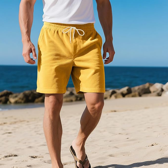 Mens Cargo Shorts Casual Drawstring Elastic Waist Corduroy Summer Beach Shorts with Pockets