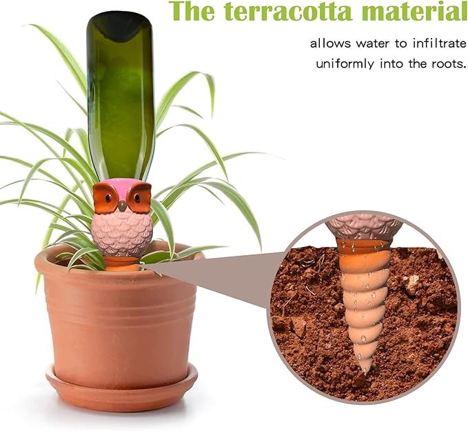 Hunthawk Plant Watering Stakes Owl, Self Watering Spikes Automatic Terracotta Spiral Devices with Irrigation Watering System for Outdoor Indoor Plants 6 Pcs