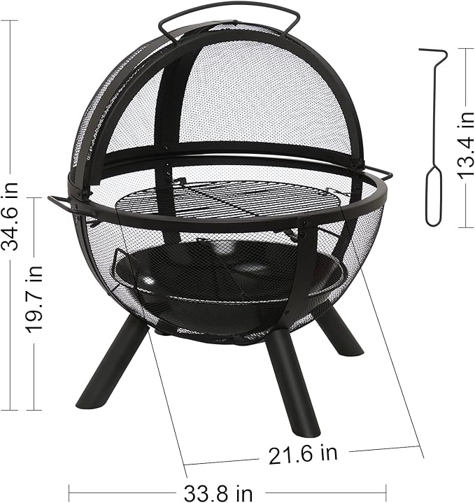 Ikuby Ball of Fire Pit fire Ball with BBQ Grill fire Globe Pit Large Round fire Pit,Patio Fire Pit Fireplace for Camping, Heating, Bonfire and Picnic, Black, 33.85*32.67*35in, (BLKFP-001)