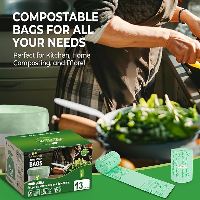 Tall Kitchen Compost Bags 13 Gallon, 49.5 Liter, 0.9 Mil,45 Count Compostable Trash Bags, Food Scrap Waste Bags, ASTM D6400, US BPI, CMA and Europe OK Compost Home Certified