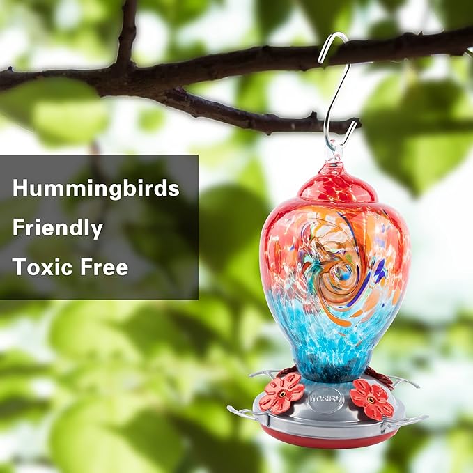 WOSIBO Hummingbird Feeder for Outdoors Patio Large 32 Ounces Colorful Hand Blown Glass Hummingbird Feeder with Ant Moat Hanging Hook, Rope, Brush and Service Card (Red-Blue)