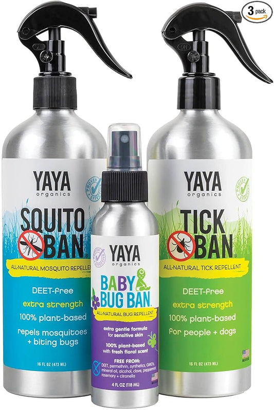 YAYA ORGANICS Family Bundle – Protect Your Family from Ticks and Mosquitoes with All-Natural, Proven Effective Repellents - Tick Ban 16 oz, Squito Ban 16 oz, Baby Bug Ban 4 oz