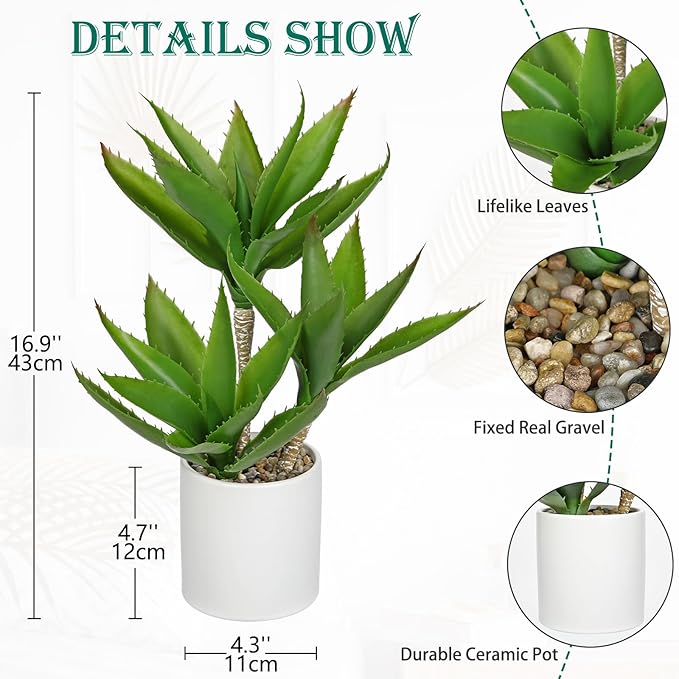 Hollyone Large Artificial Agave Plants Fake Three-Head Agave Succulents Plant Potted 17" Faux Plant in White Pot Succulent Aloe Vera Plants Indoor for Desk Modern Home Decor