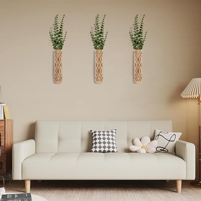 Wooden Wall Planter Set of 3 - Modern Bohemian Home Decor for Living Room, Bedroom, Bathroom - Beige Finish Planter for Dried Flowers, Faux Greenery, Indoor Plants