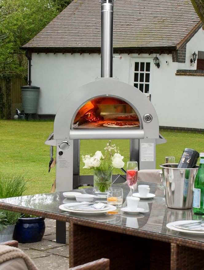 32.5 inch Propane Gas and Wood Fired Pizza Oven with Waterproof Cover, Large Stainless Steel Pizza Oven for Outdoor, Backyard and Party (Red)