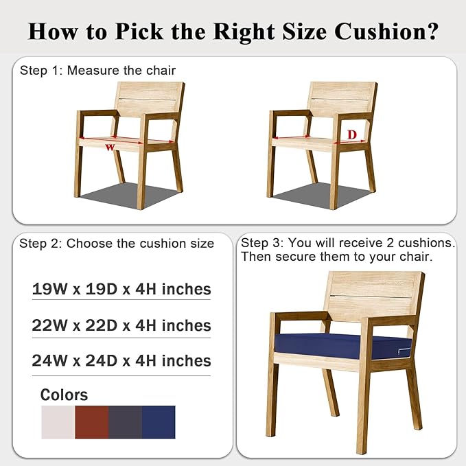 Outdoor Chair Cushions Set of 2 for Patio Furniture 19x19x4 Inch Waterproof Patio Chair Cushion 3 Year Color Fastness Square Elastic Foam Garden Sofa Couch Pads with Ties and Handle,Blue