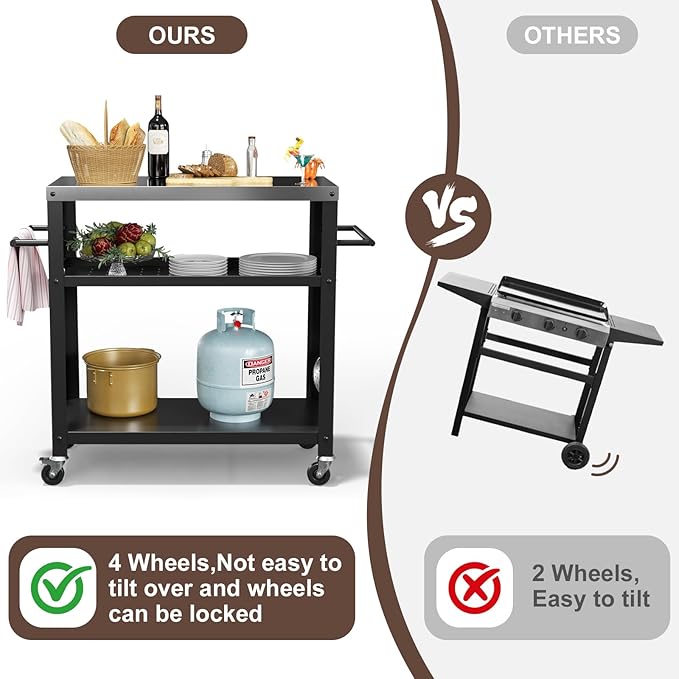 Outdoor Grill Cart with Three-Shelf, Stainless Steel Pizza Oven Table for Outside, Dining Kitchen Cart with Two Side Handle, Garden Patio BBQ Kitchen Food Prep Table Cart (Black)