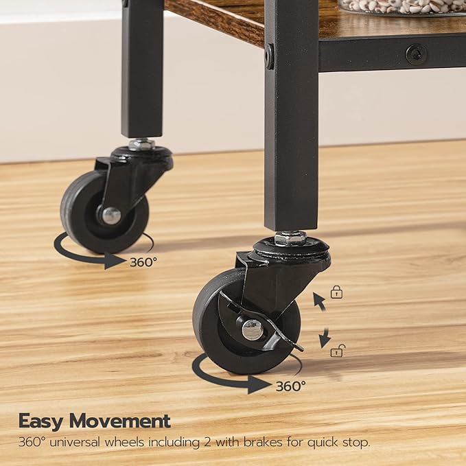 HOOBRO Bar Cart, 3-Tier Coffee Cart with Wheels, Kitchen Cart, Wine Cart with Wine Rack and Glass Holder, Rolling Serving Cart for Home, Living Room, Party, Bar, Rustic Brown and Black BF35TC01G1