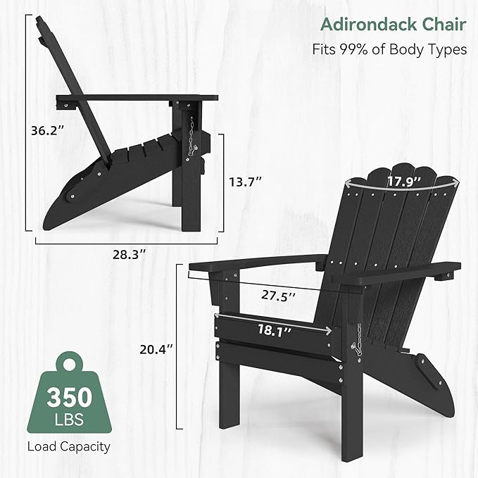 Set of 4 Folding HDPE Adirondack Chairs - Heavy-Duty Weather-Resistant Patio Chairs with Wide Armrests & Ergonomic High Back, Fire Pit Seating for Backyard, Garden, Porch (Black)