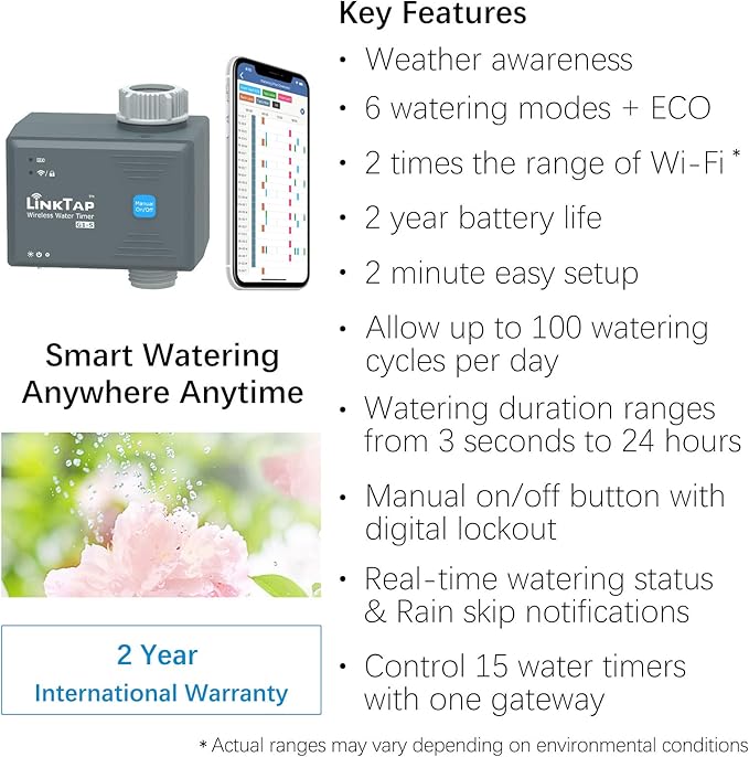 LinkTap G1S Wireless Water Timer (Requires Gateway), Smart Irrigation Hose Faucet Timer, Greater Range Than WiFi Sprinkler Timer, 2 Year Battery Life, Weather Aware, Alexa