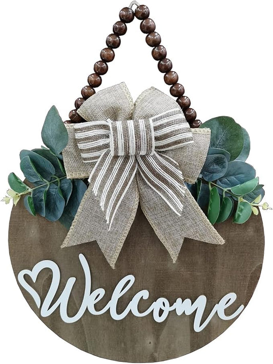 3D Welcome Sign for Front Door |Home/Farmhouse Porch Décor Wooden Hanging Sign with Artificial Leaves and Rustic Beads | Christmas Classroom |12" Round