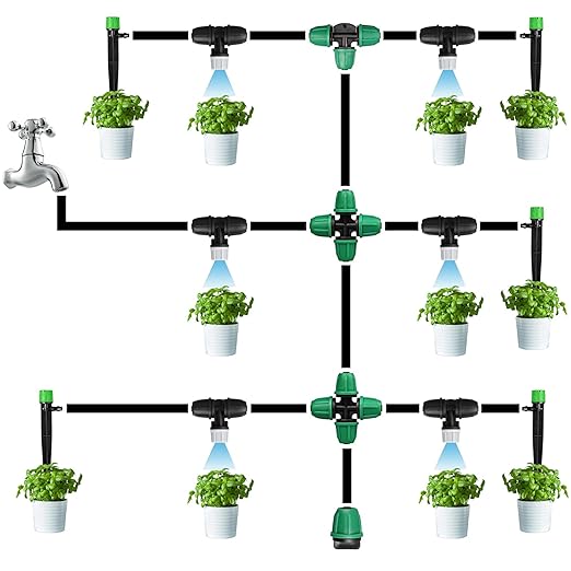 Upgraded Micro Spray Irrigation Drippers, 24 Pieces Three-Way Atomizing Nozzle Fitting for 1/4 Inch Tubing Lock Barbed Drip Line Parts Emitters for Garden Greenhouse Sprinkler Misting System