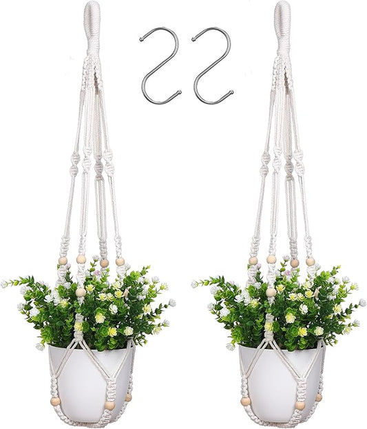YIBOT 2 Pack Macrame Plant Hanger Indoor Hanging Planter Basket with Wood Beads Decorative Flower Pot Holder No Tassels for Indoor Outdoor Boho Home Decor-35 Inch